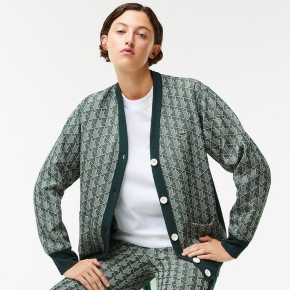 Lacoste Loose Fit Monogram Geometric Cardigan Green Grey Size 44 AF2430